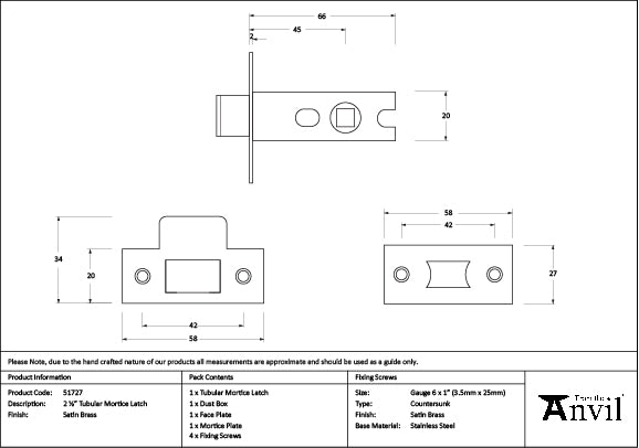 Satin Brass 2½" Tubular Mortice Latch