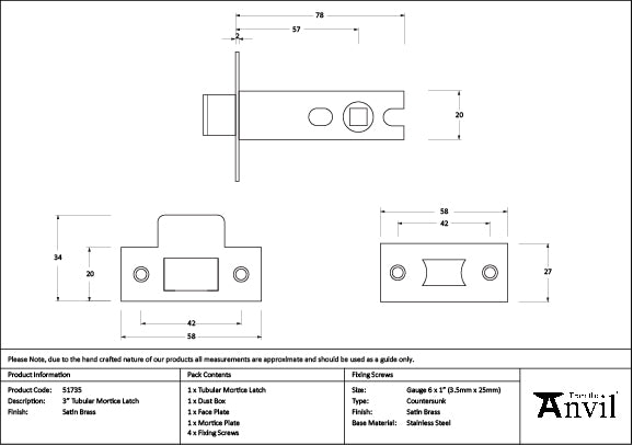 Satin Brass 3" Tubular Mortice Latch