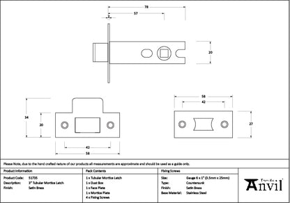 Satin Brass 3" Tubular Mortice Latch