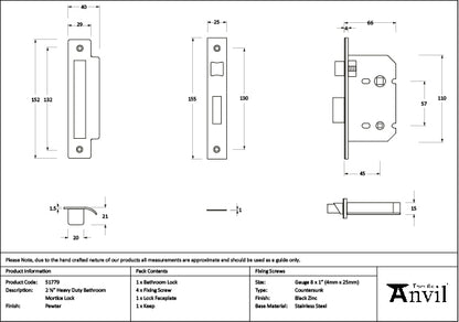 Pewter 2½" Heavy Duty Bathroom Mortice Lock