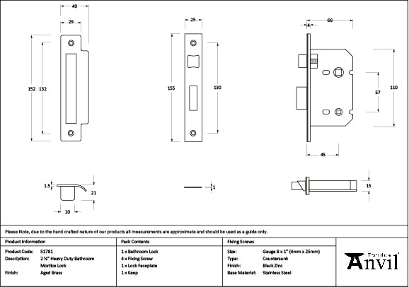 Aged Brass 2½" Heavy Duty Bathroom Mortice Lock