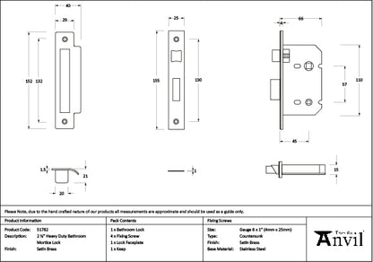 Satin Brass 2½" Heavy Duty Bathroom Mortice Lock