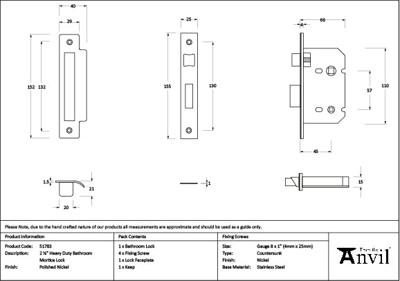 Polished Nickel 2½" Heavy Duty Bathroom Mortice Lock