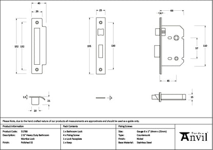 Polished SS 2½" Heavy Duty Bathroom Mortice Lock