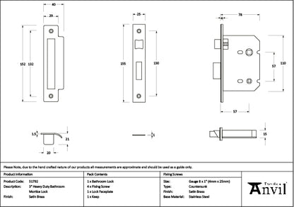 Satin Brass 3" Heavy Duty Bathroom Mortice Lock