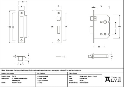 Polished Nickel 3" Heavy Duty Bathroom Mortice Lock