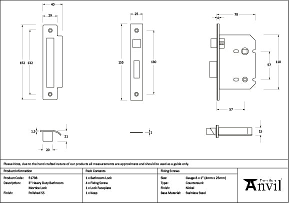 Polished SS 3" Heavy Duty Bathroom Mortice Lock