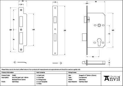 Satin Brass Euro Din Sash Lock - 60mm Backset/72mm Centre