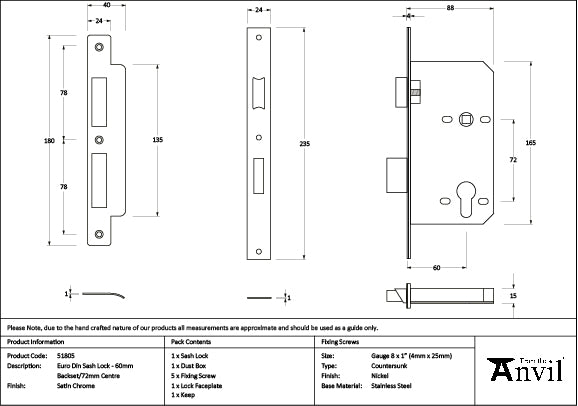 Satin Chrome Euro Din Sash Lock - 60mm Backset/72mm Centre