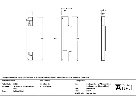 Polished Nickel ½" Rebate Kit for Euro Din Sash Lock