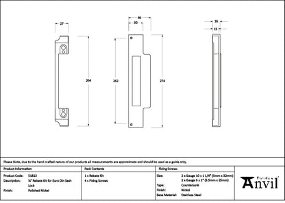 Polished Nickel ½" Rebate Kit for Euro Din Sash Lock