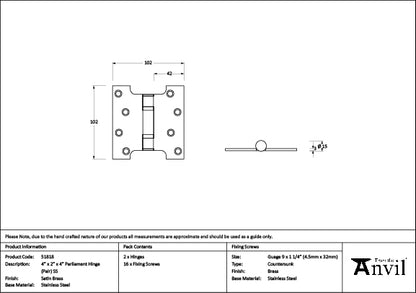 Satin Brass 4" x 2" x 4"  Parliament Hinge (pair) ss