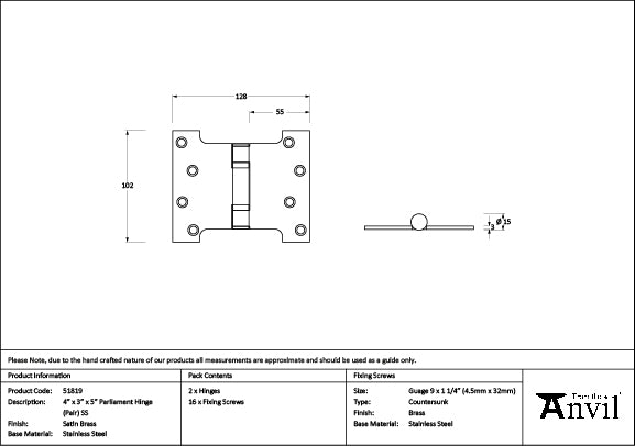 Satin Brass 4" x 3" x 5" Parliament Hinge (pair) ss