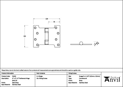 Satin Brass 4" x 3" x 5" Parliament Hinge (pair) ss