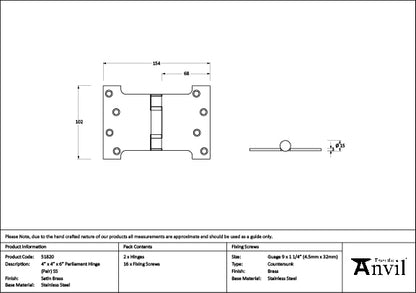 Satin Brass 4" x 4" x 6" Parliament Hinge (pair) ss