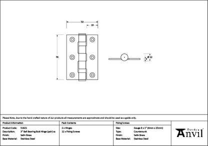 Satin Brass 3" Ball Bearing Butt Hinge (Pair) ss