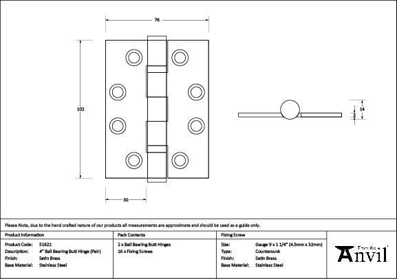 Satin Brass 4" Ball Bearing Butt Hinge (Pair) ss