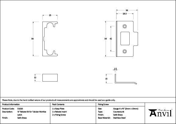 Satin Brass ½" Rebate Kit for Tubular Mortice Latch