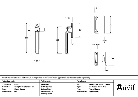 Polished Chrome Locking Art Deco Fastener - LH