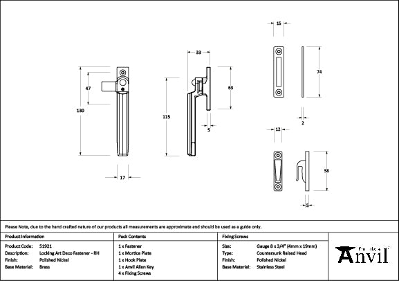 Polished Nickel Locking Art Deco Fastener - RH