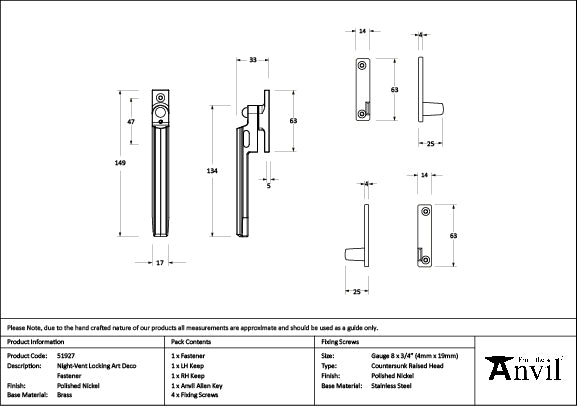 Polished Nickel Night-Vent Locking Art Deco Fastener