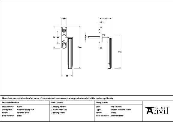 Polished Brass Art Deco Espag - RH