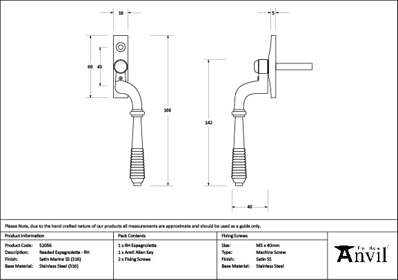 Satin Marine SS (316) Reeded Espag - RH