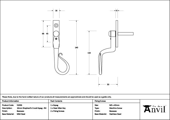 Beeswax 16mm Shepherd's Crook Espag - RH