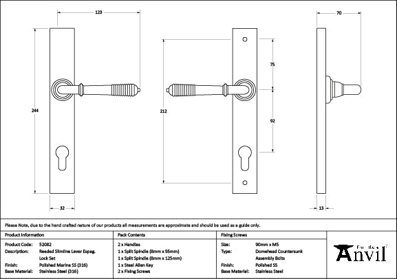 Polished Marine SS (316) Reeded Slimline Lever Espag. Lock Set