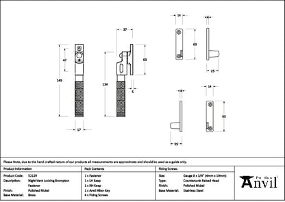 Polished Nickel Night-Vent Locking Brompton Fastener