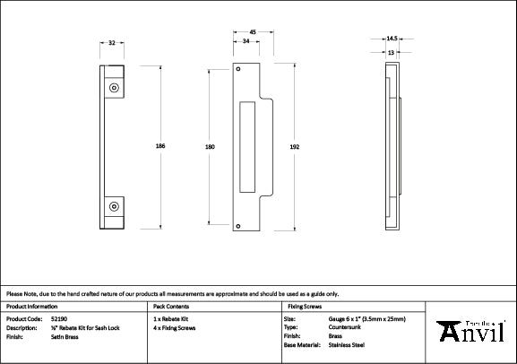 Satin Brass ½" Rebate Kit for Sash Lock