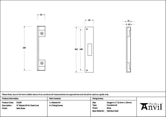 Satin Brass ½" Rebate Kit for Dead Lock