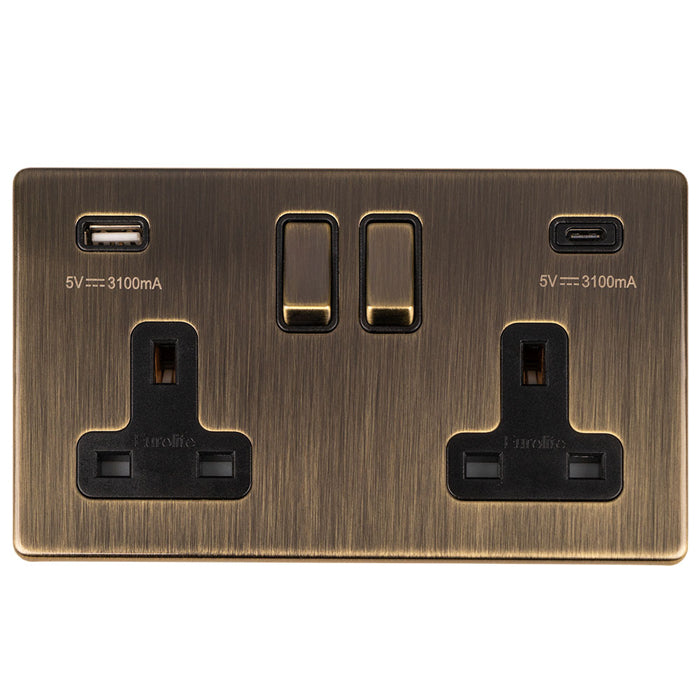 Concealed 3mm 2 Gang 13Amp Switched Socket With Usb C Ant Brass - Antique Brass