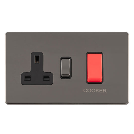 Concealed 3mm 45Amp Dp Cooker Switch With 13Amp Socket - Black Nickel