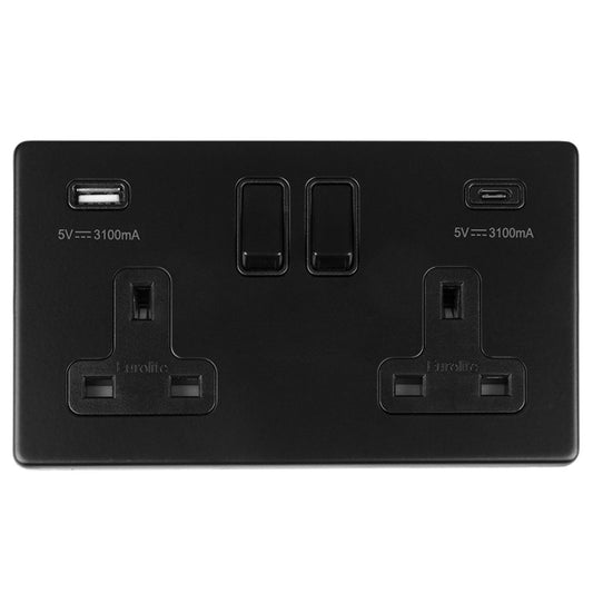 Concealed 3mm 2 Gang 13Amp Switched Socket With Usb C Matt Black - Matt Black