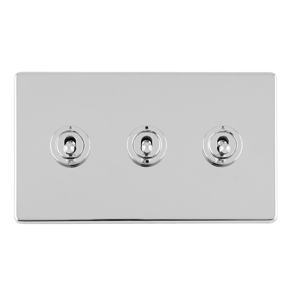 Concealed 3mm 3 Gang 10Amp 2Way Toggle Switch Polished Chrome Plate - Polished Chrome