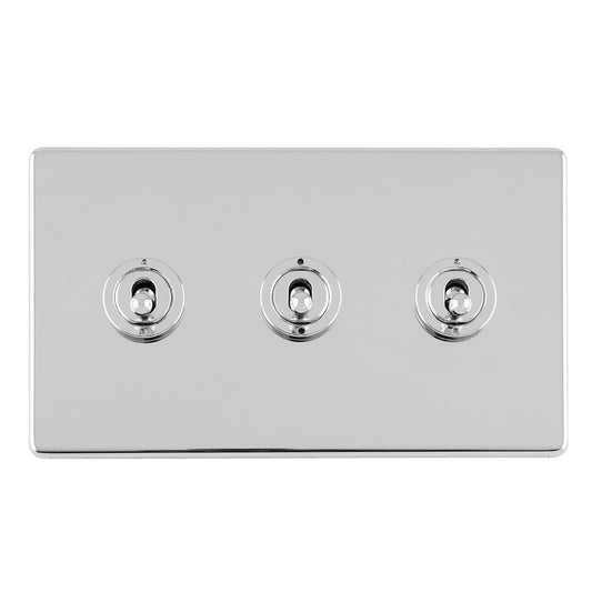 Concealed 3mm 3 Gang 10Amp 2Way Toggle Switch Polished Chrome Plate - Polished Chrome