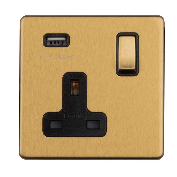 Concealed 3mm 1 Gang Switched Socket With Usb - Satin Brass