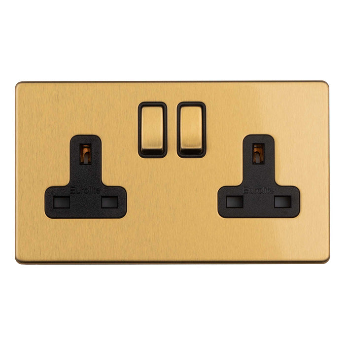 Concealed 3mm 2 Gang 13Amp Switched Socket - Satin Brass