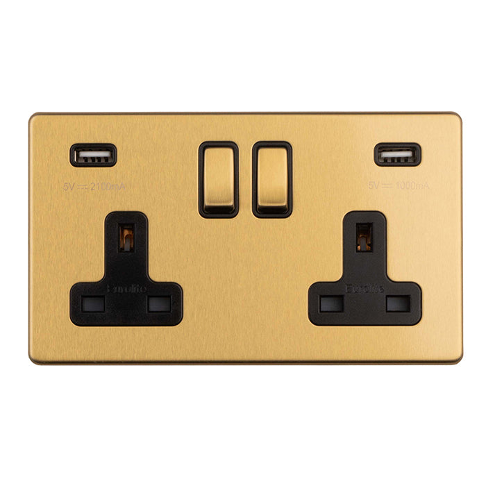 Concealed 3mm 2 Gang 13Amp Switched Socket With Usb - Satin Brass