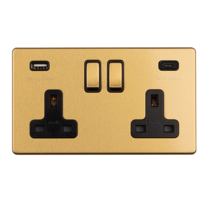 Concealed 3mm 2 Gang 13Amp Switched Socket With Usb C Satin Brass - Satin Brass