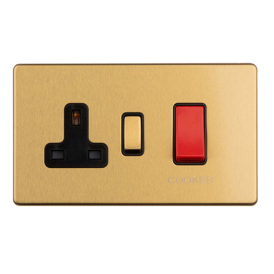 Concealed 3mm 45Amp Cooker Switch With Socket - Satin Brass