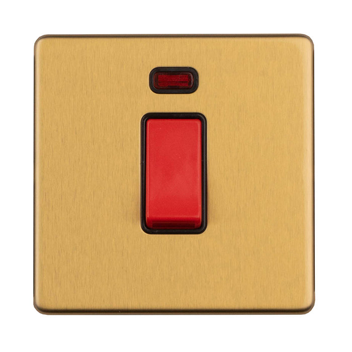 Concealed 3mm 1 Gang 45 Amp Switch With Neon Indicator - Satin Brass