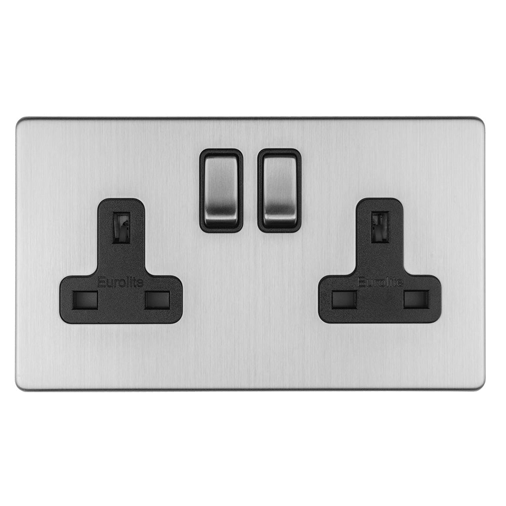 Concealed 3mm 2 Gang 13Amp Dp Switched Socket - Stainless Steel