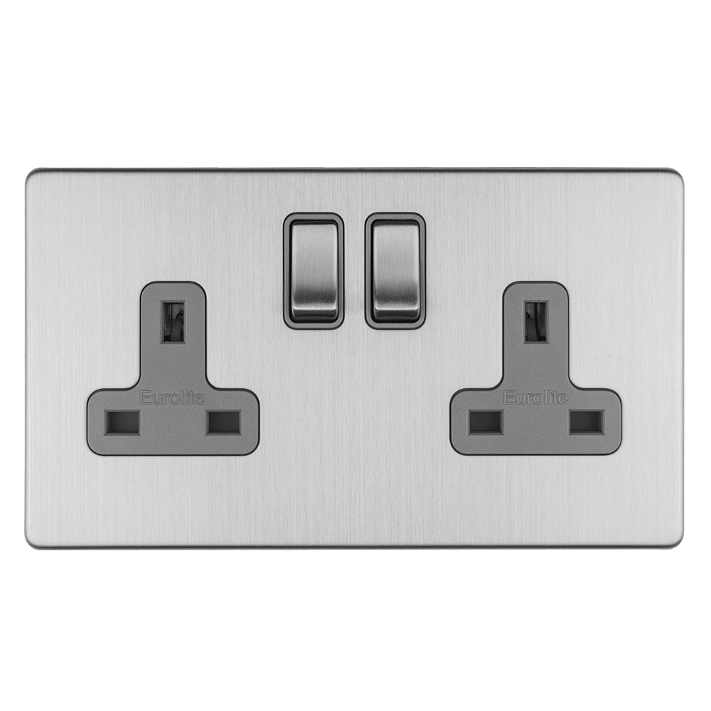 Concealed 3mm 2 Gang 13Amp Dp Switched Socket - Stainless Steel