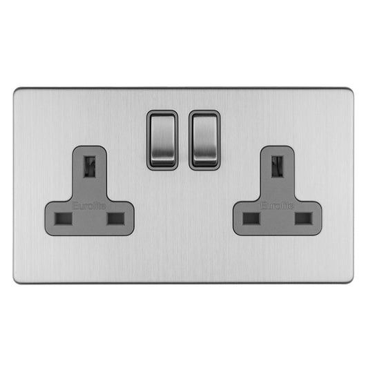 Concealed 3mm 2 Gang 13Amp Dp Switched Socket - Stainless Steel