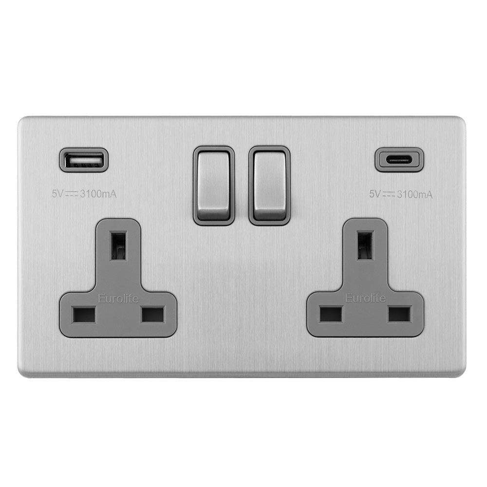 Concealed 3mm Concealed 3Mm 2 Gang Usbc Socket - Stainless Steel