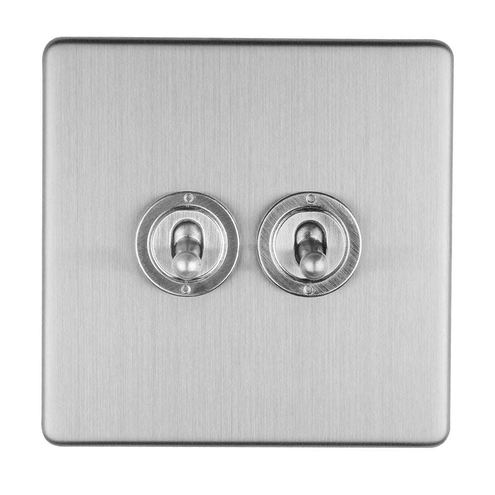 Concealed 3mm 2 Gang 10Amp 2Way Toggle Switch Satin Stainless Plate - Stainless Steel