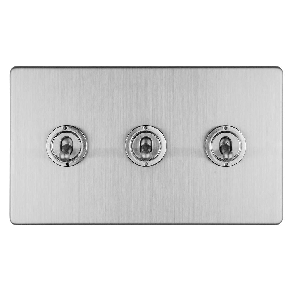 Concealed 3mm 3 Gang 10Amp 2Way Toggle Switch Satin Stainless Plate - Stainless Steel