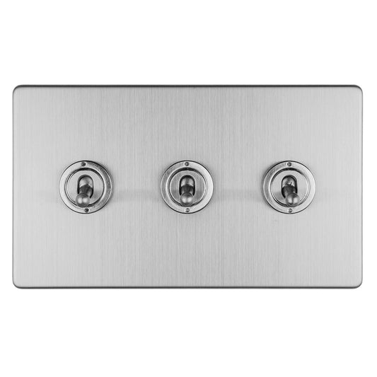 Concealed 3mm 3 Gang 10Amp 2Way Toggle Switch Satin Stainless Plate - Stainless Steel